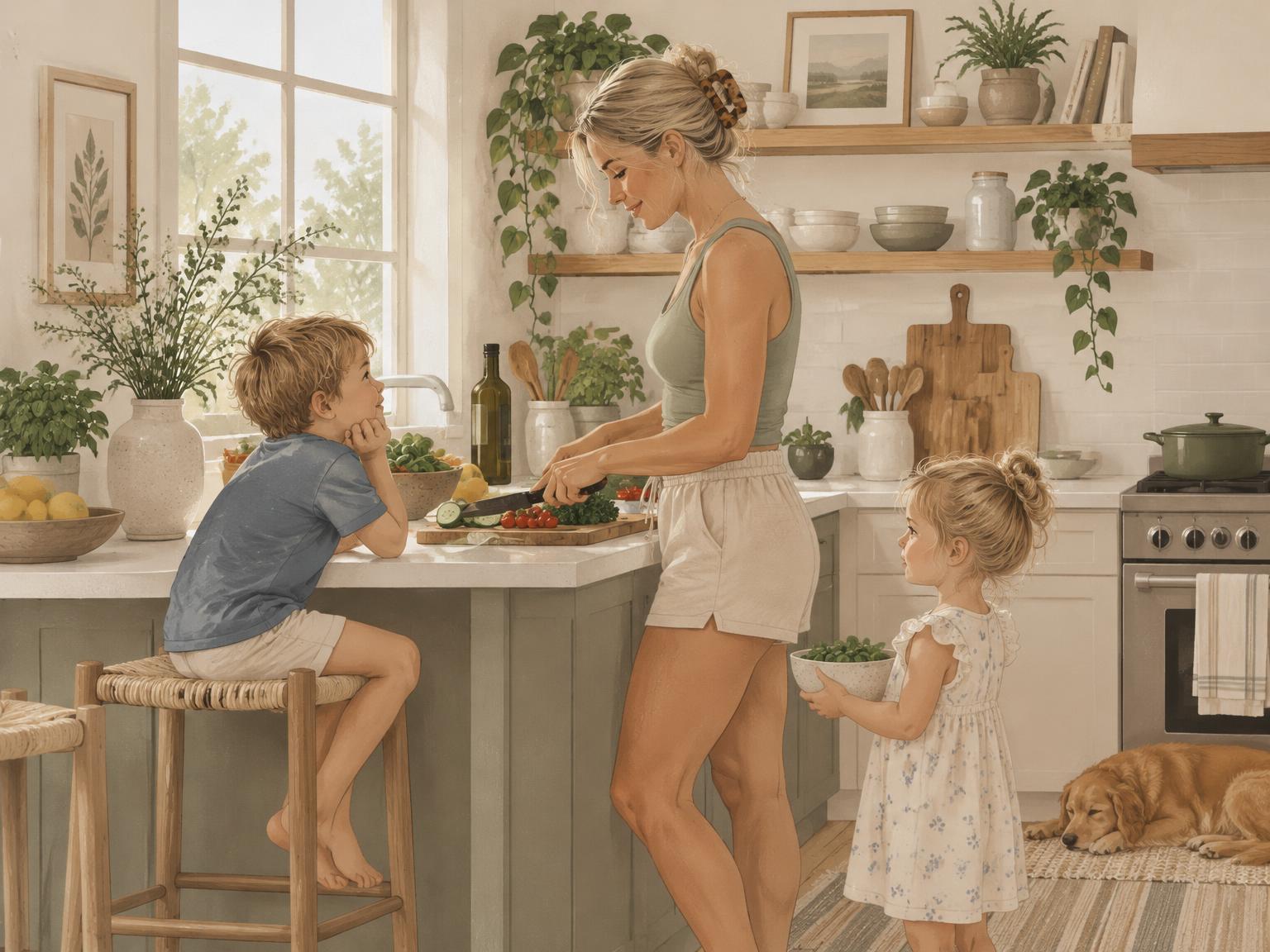 A mother cooking a fresh meal in a cozy kitchen with her two children